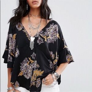 Free People Maui Wowie Black Floral Paisley Print Top Boho Side Tie Oversized